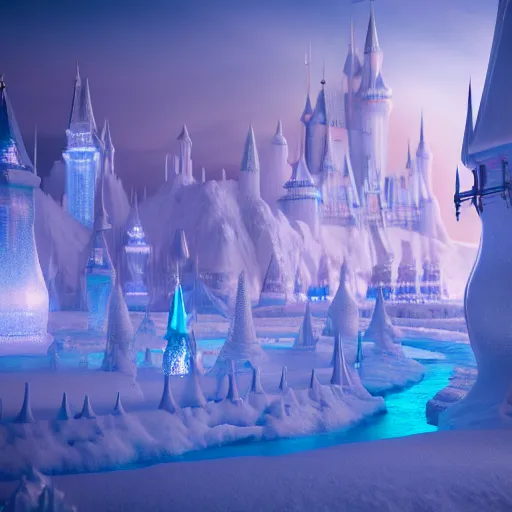 Prompt: in a magical ethereal ice kingdom city with people walking around, highly detailed, 4k, HDR, award-winning, octane render, trending on artstation, volumetric lighting