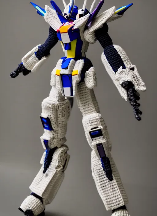 Image similar to a crochet gundam mecha, realistic, no cropping, full body, Sigma 50 mm f/1.4