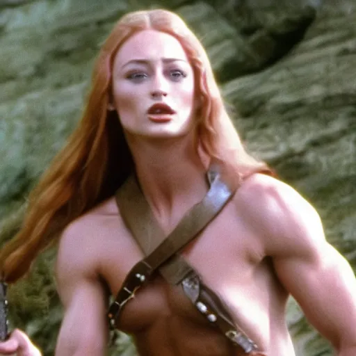 Image similar to still of muscular sophie turner in the beastmaster ( 1 9 8 2 ), high resolution