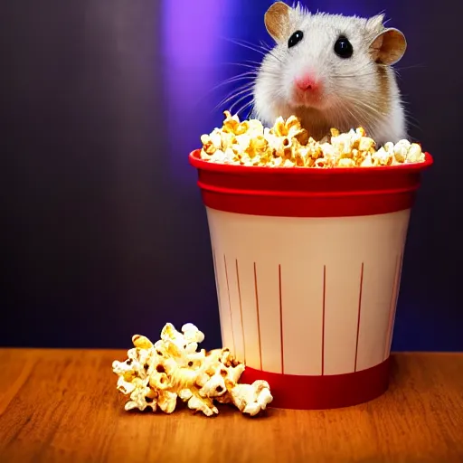 Image similar to photo of a hamster standing next to a bucket of popcorn, in a cinema, various poses, unedited, soft light, sharp focus, 8 k