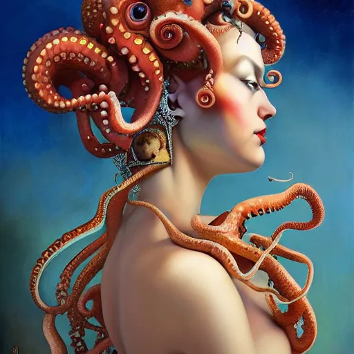Image similar to dynamic composition, a painting of a woman with hair of octopus tentacles and bright corals, wearing ornate earrings, a surrealist painting by tom bagshaw and jacek yerga and tamara de lempicka and jesse king, featured on cgsociety, pop surrealism, surrealist, dramatic lighting, pre - raphaelite, ornate gilded details