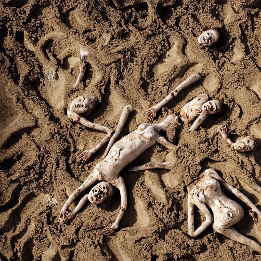 Image similar to overhead view a woman's corpse and a baby buried under sand, mud and rusty pipes, faded, depth of field,, ultra realistic, very detailed, by nadav kander, 8 k hyper realistic detailed cinematic still