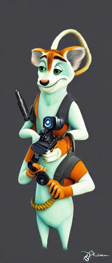 Image similar to “ animal character in the style of zootopia holding laser gun, floating alone, with a black dark background, digital art, award winning, trending on art station ”