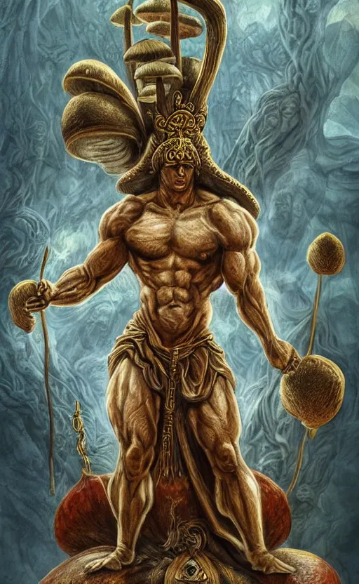 Image similar to a masterpiece hyperdetailed dnd tarot card full body portrait, magnificent mushroom deity as depicted in a colossal marble statue ( with godlike bodybuilder physique ) made by ancient greeks, hd tarot card depicting monumental statue of a dignified mushroom god with cute large mushroom hat, golden norse runes in the background, hdr, 8 k, artstationhq, digital art