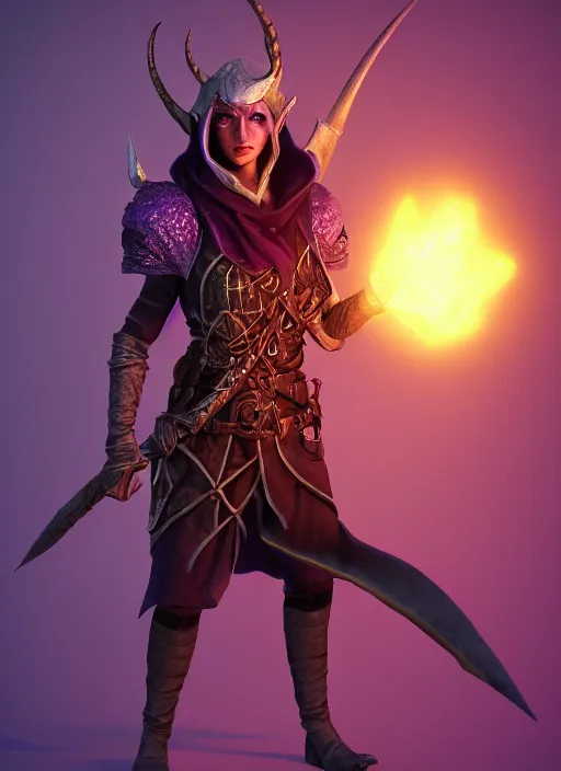 Image similar to fantasythiefling rogue, purple daggers, dnd character portrait, full body, dnd, rpg, lotr game design fanart by concept art, behance hd, artstation, deviantart, global illumination radiating a glowing aura global illumination ray tracing hdr render in unreal engine 5