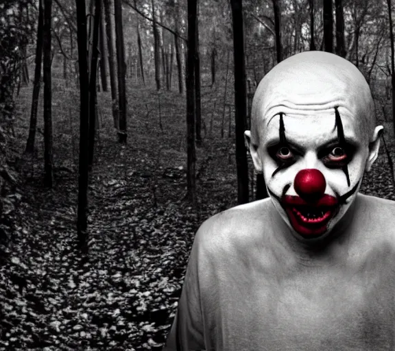 Prompt: zombie clown spotted in a dark forest, found footage, black and white
