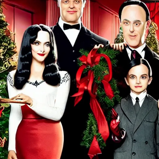 Image similar to An Hallmark movie about the Addams family. Mortician and Gomez trim a Christmas tree. Cinematic, technicolor, crisp