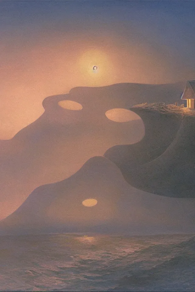 Prompt: painting of a single giant seashell house where a young girl lives by moebius and john harris, atmospheric, concept art