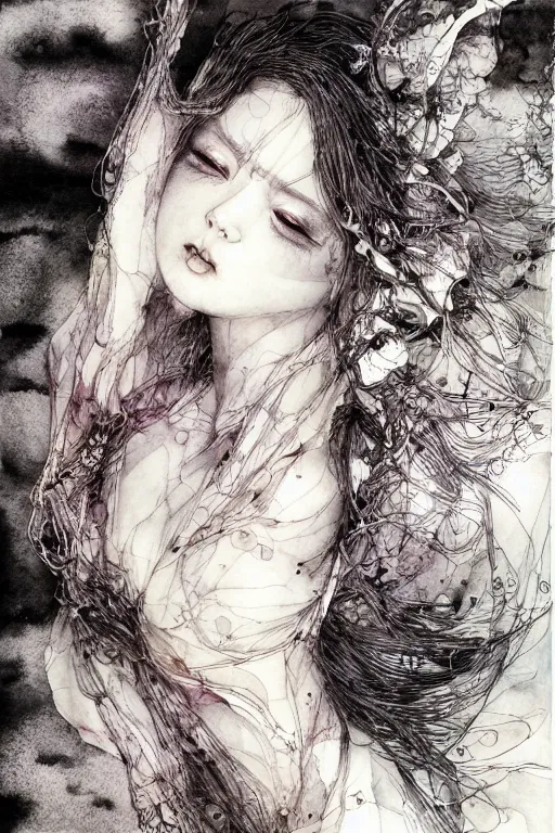 Prompt: Her skin was made of poetry that my fingers couldn't wait to read, pen and ink, intricate line drawings, by Yoshitaka Amano, Ruan Jia, Kentaro Miura, Artgerm, watercolor