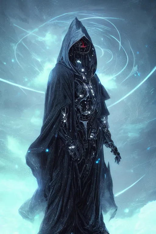 Image similar to a full body portrait of a mysterious cybernetic wizard with a very long hooded cloak made of stars and clouds, by maciej kuciara and jason chan, ominous, cosmic horror, trending on artstation, ultra detailed, hyper realistic 4 k, volumetric light