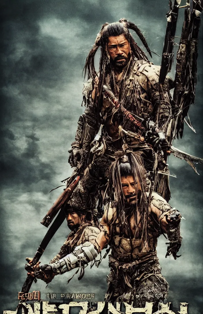 Prompt: movie poster for predator film shot in feudal japan staring hiroyuki sanada as a disgraced ronin who hunts down the predator after he fails to protect his master from it. in the style of al kallis and reynold brown.