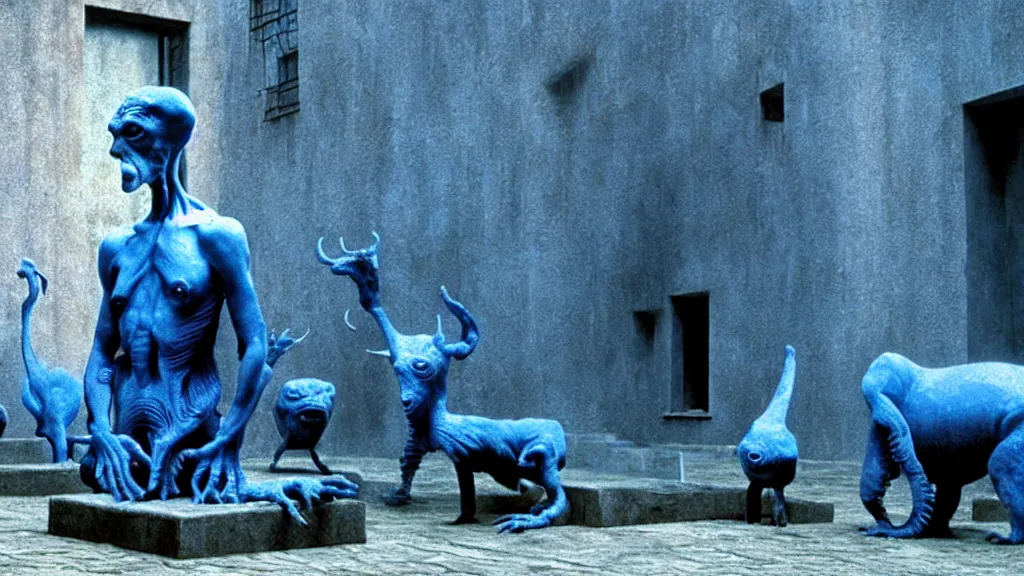 Prompt: the square creature in courtyard, made of blue liquid, surrounded by animals, film still from the movie directed by denis villeneuve and david cronenberg with art direction by salvador dali and zdzisław beksinski, wide lens