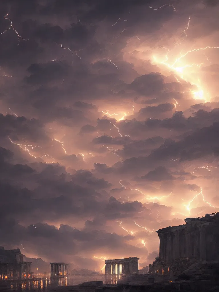 Image similar to epic scenery ancient city of troy under a sky full of lightning, intricate, elegant, volumetric lighting, digital painting, highly detailed, artstation, sharp focus, illustration, concept art, ruan jia, steve mccurry