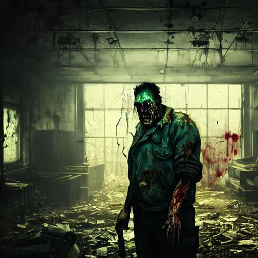 Image similar to fallout 5, shopkeeper angry bloody horror zombie, portrait, indoors dilapidated store interior, atmospheric lighting, painted, intricate, volumetric lighting, beautiful, daytime, overcast weather, sharp focus, deep colours, ultra detailed, by leesha hannigan, ross tran, thierry doizon, kai carpenter, ignacio fernandez rios