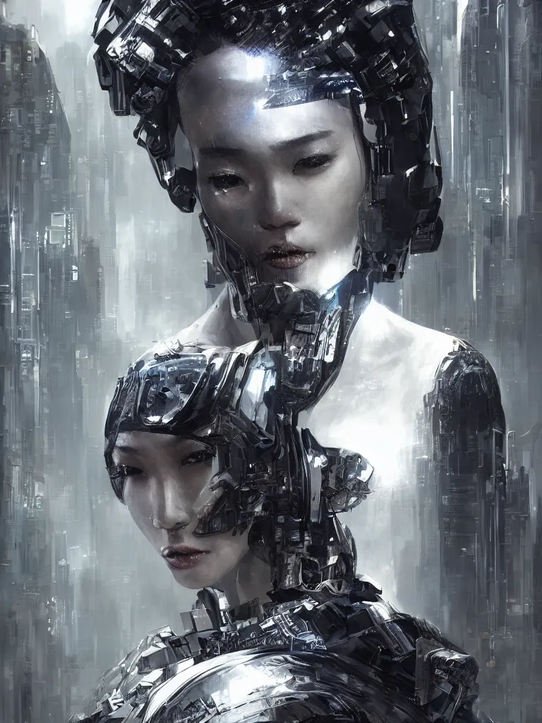 Image similar to a beautiful cyberpunk portrait of one tall stunning Asian cyborg model, in the movie Dark City, intricate, elegant, highly detailed, artstation, concept art, smooth, sharp focus, illustration, award-winning, masterpiece, in the style of Cedric Peyravernay