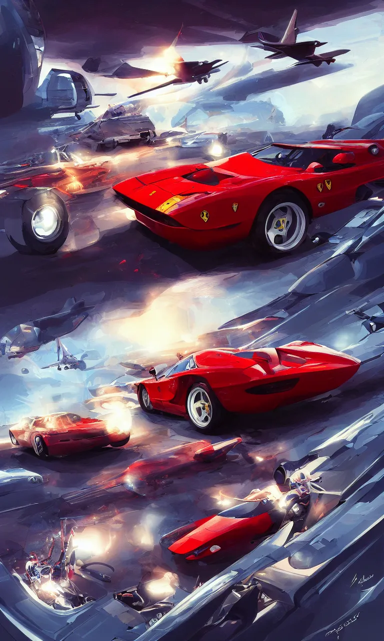 Prompt: a ferrari testarossa speeding under the avengers plane on the road to le cap - ferret, global illumination lighting artstation, lois van baarle, ilya kuvshinov, rossdraws