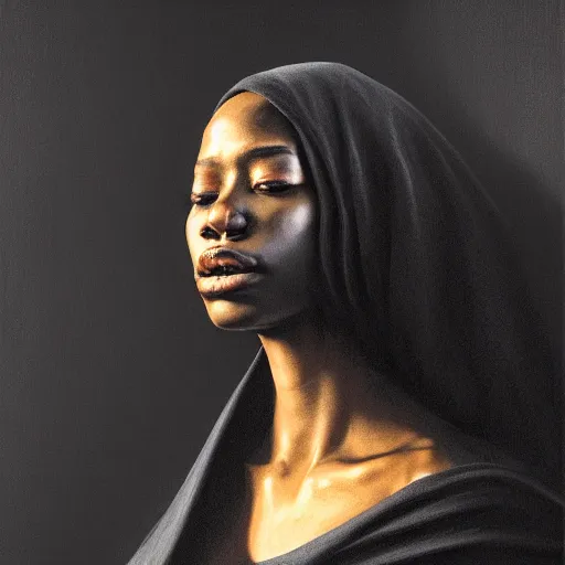 Image similar to a portrait of a young black woman wearing a long dark cloak, hood and shadows covering face, anatomically correct, beautiful face, enigmatic, oil painting, matte painting, black background, Volumetric Golden dappled dynamic lighting, Highly Detailed, Cinematic Lighting, Unreal Engine, 8k, HD, by Beksinski