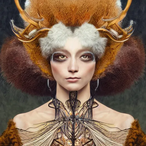 Image similar to a photograpic portrait of a anthropomorphic norse mythology mimosa, wearing furry clothes in the style of heilung an experimental folk music band, fantasy, intricate, elegant, highly detailed, digital painting, artstation, concept art, smooth, sharp focus, illustration, art by artgerm and H R Giger and alphonse mucha