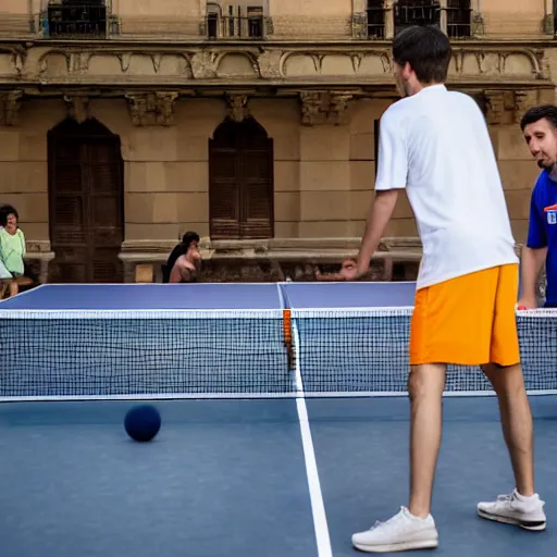 Prompt: 2 players playing ping pong in a barcelona square with an orange ball