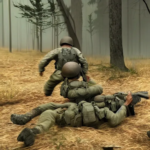 Image similar to ww 2 battlefield encounter in the woods between 2 american soldiers and a german soldier fighting for their lives, hd realistic faces, dirt and dust particles in the air, smoke and fire in the distance - c 1 3