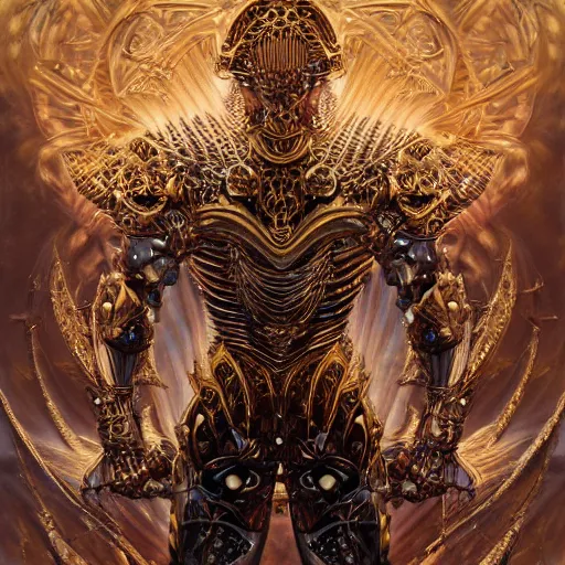 Image similar to a beautiful symmetrical muscular body wearing an armor made of golden ornaments and gems by alex gray and android jones , Karol Bak, Ayami Kojima, Amano , 3D, 8k resolution