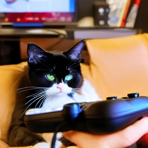 Image similar to a beautiful cat is playing Xbox