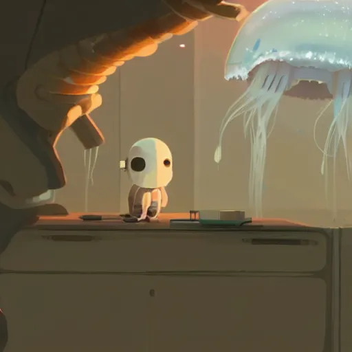 Image similar to a robot jellyfish eating a baby harp seal, in crystalline alien planet, atey ghailan, goro fujita, studio ghibli, scary lighting, clear focus, very coherent