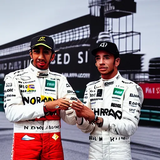 Prompt: lewis hamilton with ayrton senna, nikon photorealistic award - winning 4 k bright