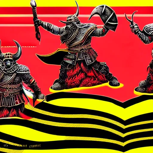 Image similar to mork borg, armored vikings coming out of red waves, graphic, black and yellow, intricate, ultra detailed