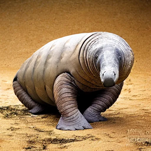 Prompt: a Manatee with the armor of a pangolin, national geographic photograph