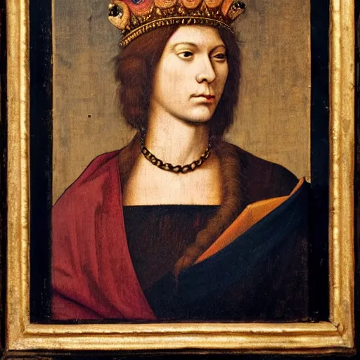 Prompt: a renaissance style portrait painting of a Lion, wearing a crown and cape, dark background