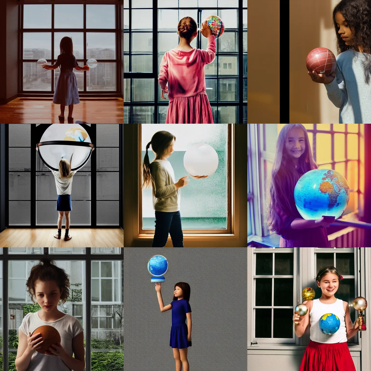 Prompt: a girl holding a globe in her hand while standing in front of a window, a screenshot by mac conner, featured on dribble, superflat, 3 d, contest winner, 8 k 3 d