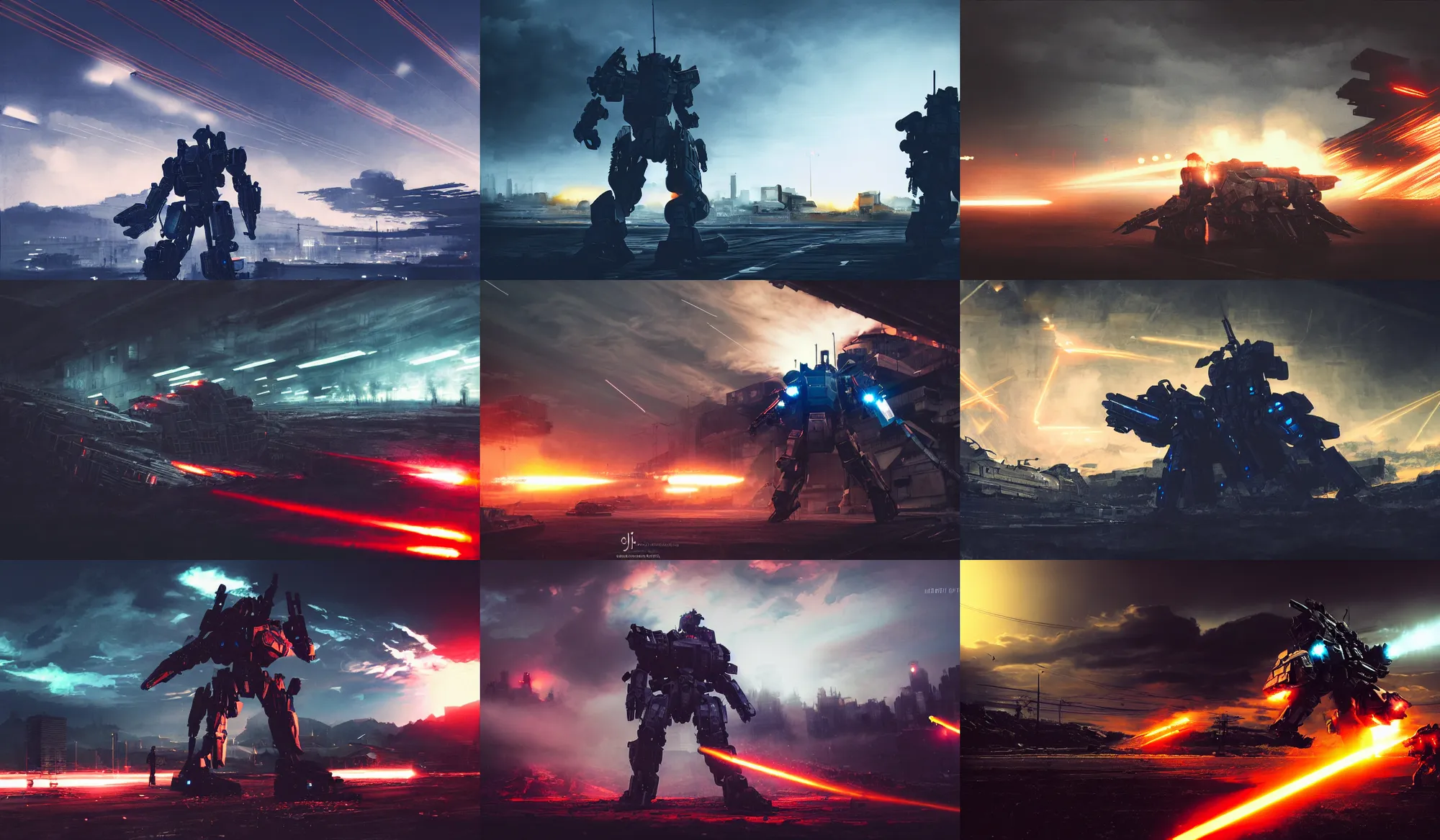 Image similar to an armored core v by liam wong, booster flares, legs, laser rifles, karst landscape, outdoor, dark blue sky, cloud, wilderness ground, golden time, twilight ; wide shot, digital painting, photoreal, cinematic contrast, dynamic backlighting, sharp edge, motion blur