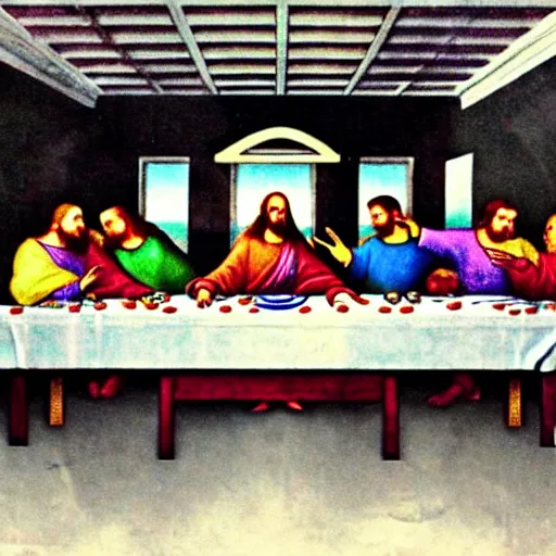 Image similar to the last supper but everyone has taco bell food on their plates