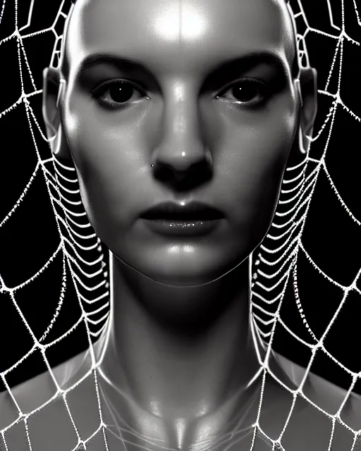 Image similar to black and white cyborg goddess high quality portrait, artificial intelligence, bio-mechanical bio-luminescence, artificial spider web, neurons, nerve cells, octane render, cinematic, hyper realism, high detail, 8k, in the style of Steven Meisel and Dora Maar and H.G. Giger