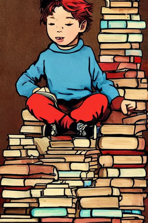 Image similar to a little boy with red hair sits cross legged on top of a tall pile of books. he is reading. clean elegant pretty cartoon painting, beautiful detailed face, storybook illustration.