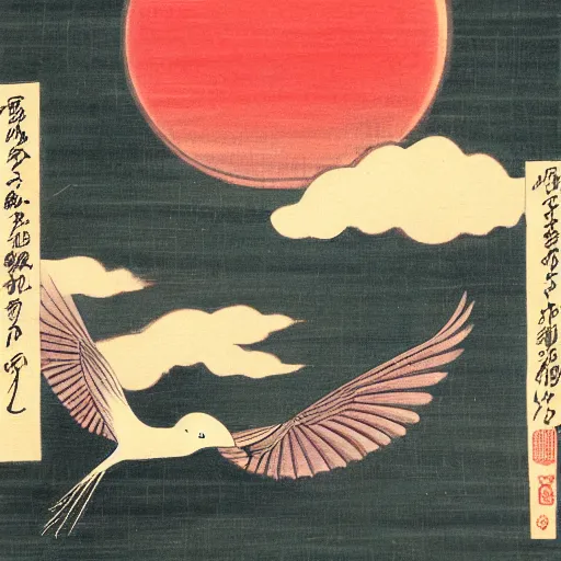 Image similar to two crane birds flying, red sun, clouds, cherry blossom, water, old vintage japanese art illustration