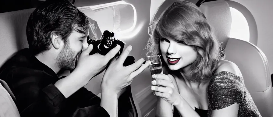 Image similar to Cinematography Taylor Swift Lauging and drinking champagne in her private jet by Emmanuel Lubezky