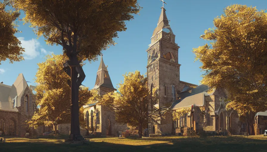 Image similar to small midwest town with square and gold eagle statue, sunny day, church, trees, hyperdetailed, artstation, cgsociety, 8 k