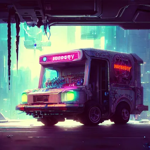 Prompt: a cyberpunk ice cream truck, highly detailed epic, CG render digital painting artwork by Greg Rutkowski, John Berkey, Alexander Jansson, Kuvshinov, WLOP, Artgerm, trending on ArtStation, intricate artwork by Tooth Wu, Beeple. octane render, trending on artstation, greg rutkowski very coherent symmetrical artwork, bokeh, cinematic, hyper realism, high detail, octane render, vervia, 8k