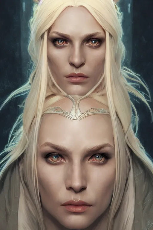 Image similar to portrait of an old blonde elven mage, dark, piercing eyes, gentle expression, elegant clothing, photorealistic, highly detailed, artstation, smooth, sharp focus, art by michael whelan, artgerm, greg rutkowski and alphonse mucha