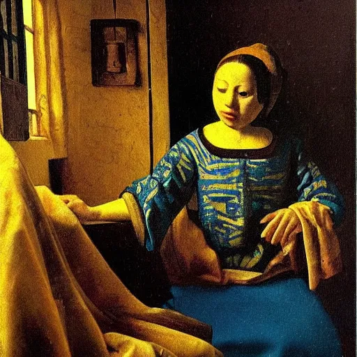 Image similar to a perfect painting, intricated detailed painting in the style of Johannes Vermeer, of a dream that I dreamt that we left all the pain and sorrows behind. We looked into our eyes as we placed our hands on each other’s chest, and all the love and happiness that had been dampened by our wounds emerged like a sprout. It felt like home. Our bodies were covered by soothing colors. Blue, violet, pink and white rays of light caressed our hearts, and suddenly, we were one. It was always meant to be that way, even though our heads tried to fool us in the past. We were one. ethereal lights, details, smooth, sharp focus, illustration, realistic, cinematic, artstation, award winning, rgb , unreal engine, octane render, cinematic light, macro, depth of field, blur, red light and clouds from the back, highly detailed epic cinematic concept art CG render made in Maya, Blender and Photoshop, octane render, excellent composition, dynamic dramatic cinematic lighting, aesthetic, very inspirational, arthouse.