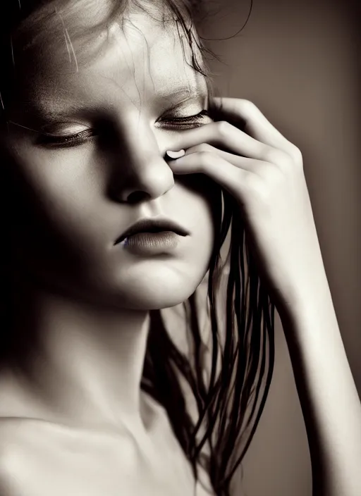 Image similar to emotiona fashion portrait photography of a young fragile and beautifull girl by julia hetta