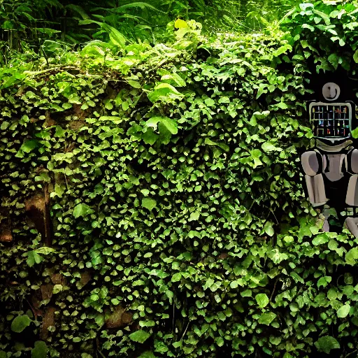 Prompt: an overgrown and dead robot, sitting against a cave wall, covered in vines