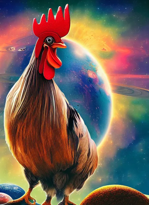 Prompt: rooster in a planetary scene, mystical, astral, digital art, concept art, 4 k hd, symmetrical portrait