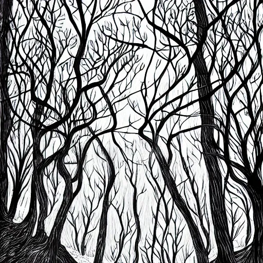 Image similar to bright forest illustration, 4k detailed, black ink on white paper, dark fantasy, white space in middle