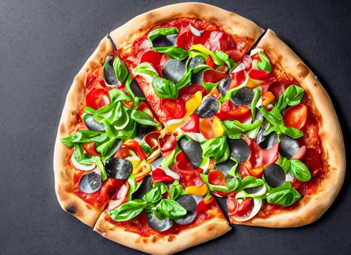 Image similar to a triangular pizza, full of toppings