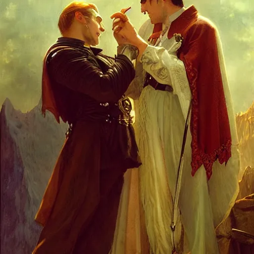 Image similar to attractive male, arthur pendragon confesses his love to attractive male dracula the vampire. highly detailed painting by gaston bussiere, craig mullins, j. c. leyendecker 8 k