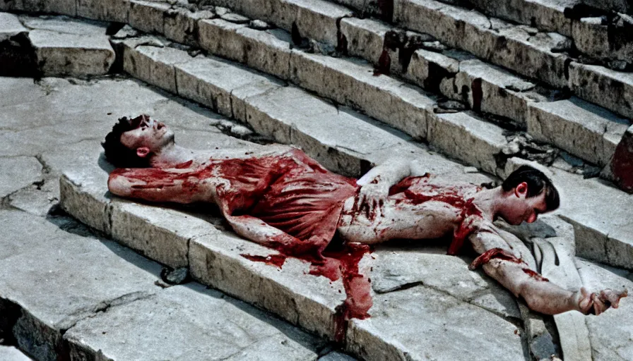 Image similar to 1 9 6 0 s movie still close - up of caligula laying dead on the ancient amphitheater's stairs bloody corpse, cinestill 8 0 0 t 3 5 mm, high quality, heavy grain, high detail, dramatic light, anamorphic