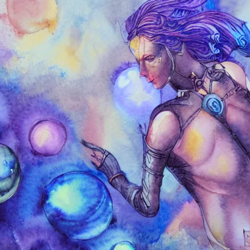 Image similar to Path of Exile, Maven, watercolour painting, female image with purple hair among colourful lights, dark blue spheres fly around, dark fantasy, steampunk, 4k,